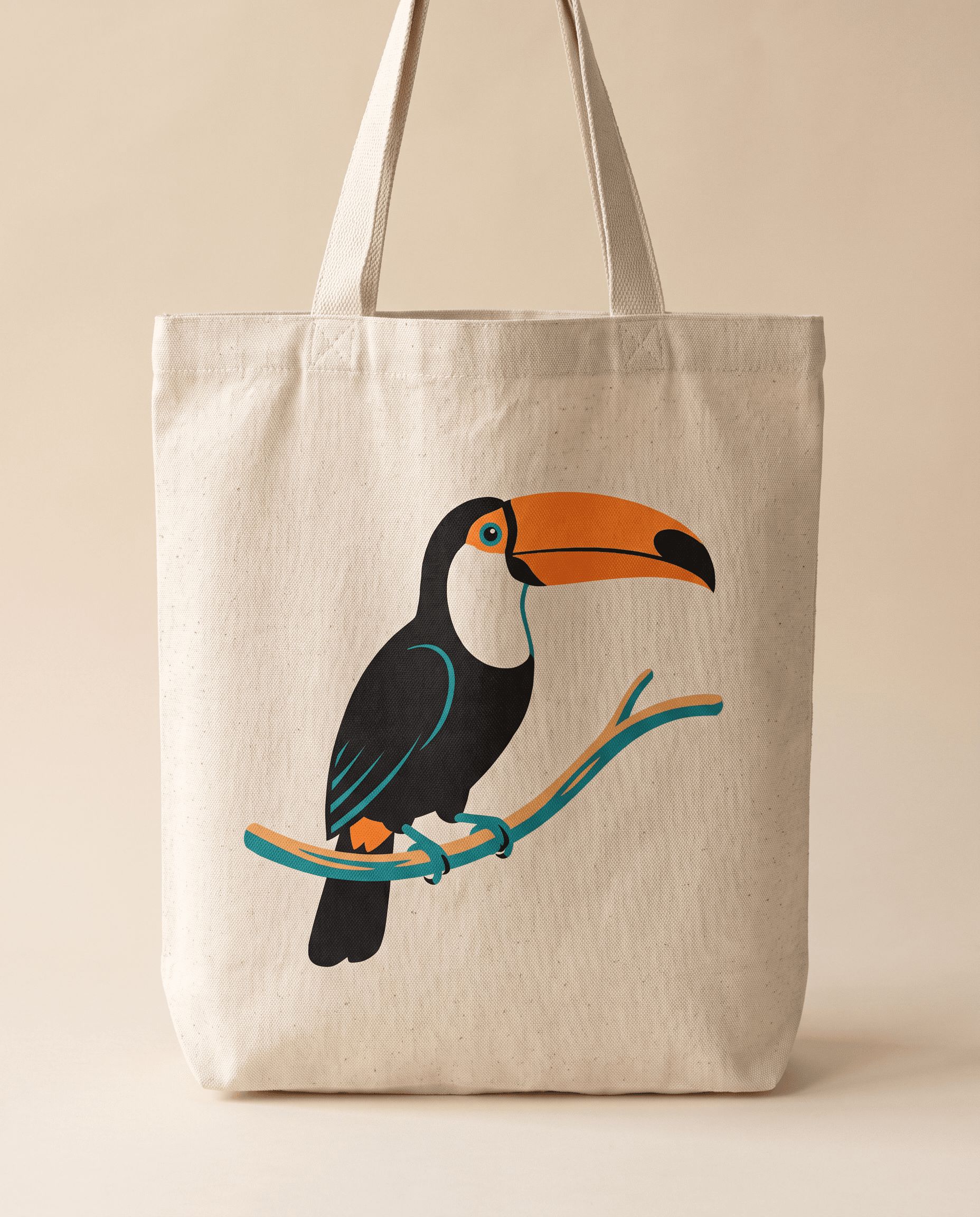 Canvas tote bag screen printed with a vector toucan in three colors, vector art style