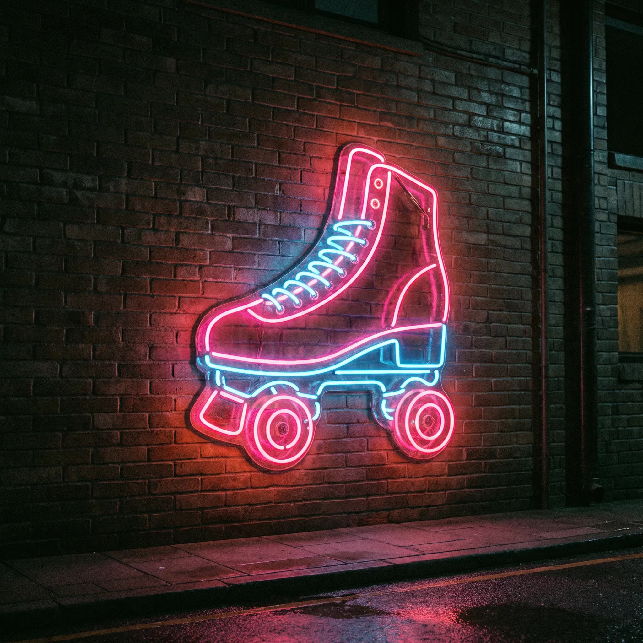Hot pink and blue neon sign shaped like a roller skate on a brick wall, 80s art style