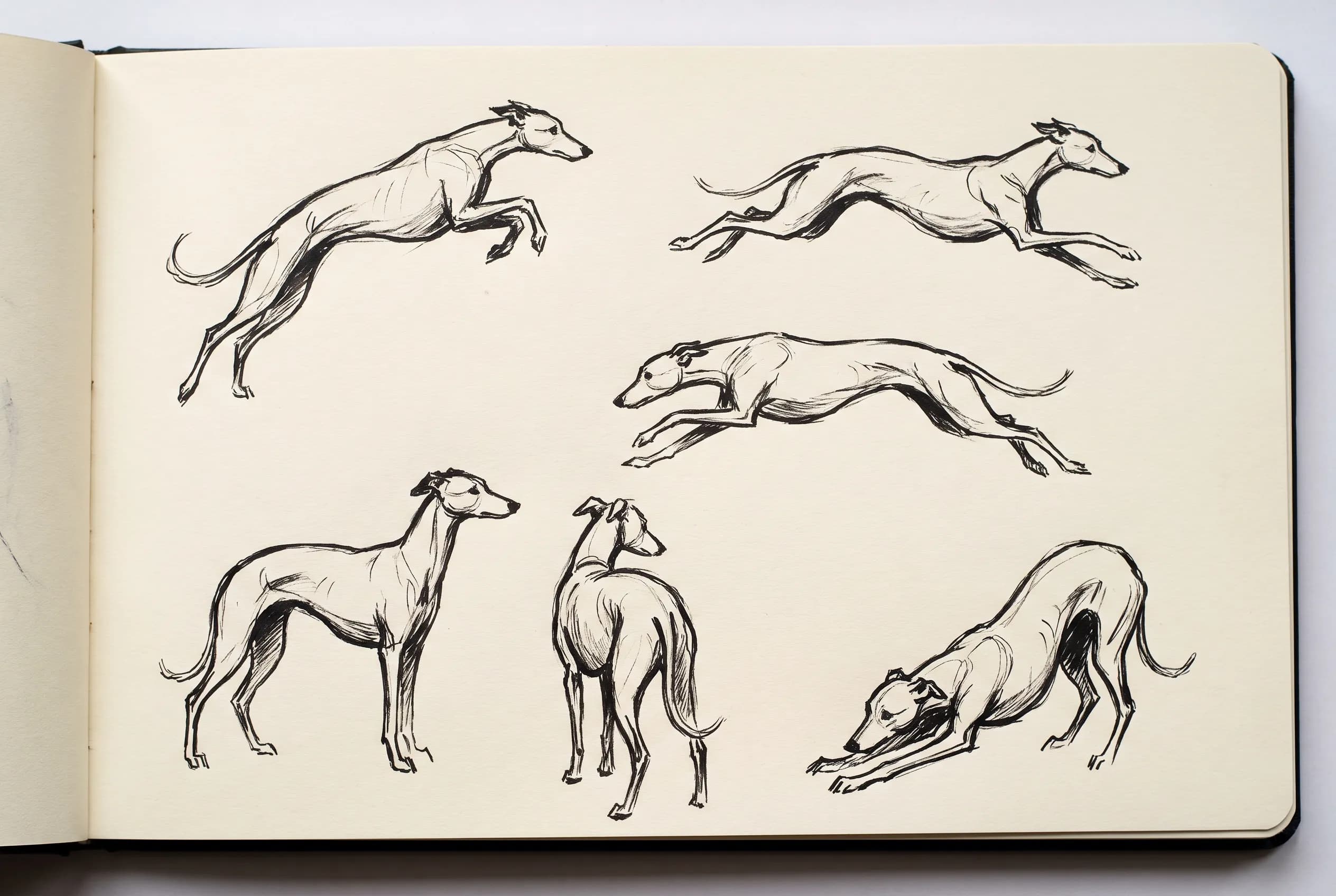 Sheet of six brush pen gesture drawings of a whippet