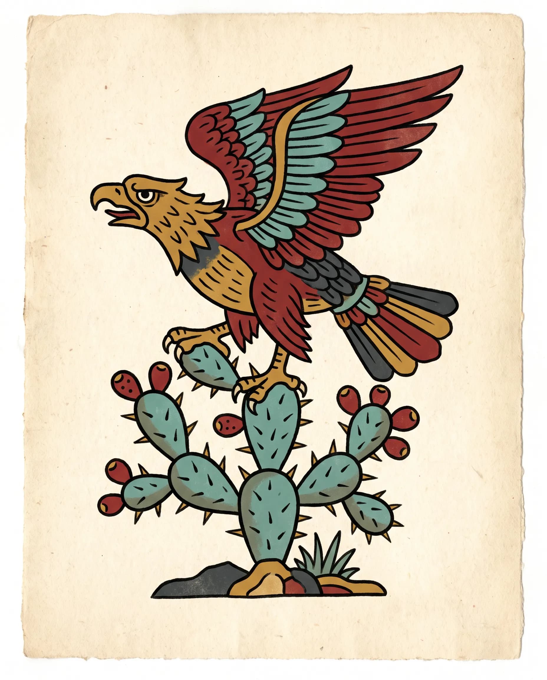 Eagle on a prickly pear cactus painted in flat red, ochre and turquoise like a codex page, Aztec art style