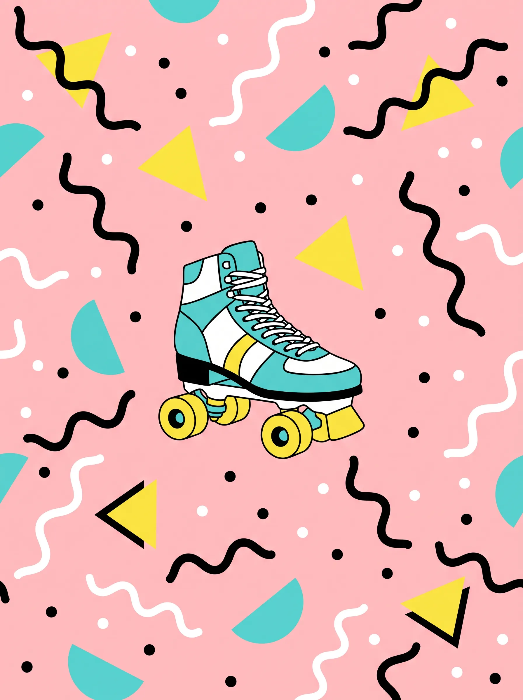 Memphis pattern print with squiggles and triangles around a high-top roller skate, 80s art style