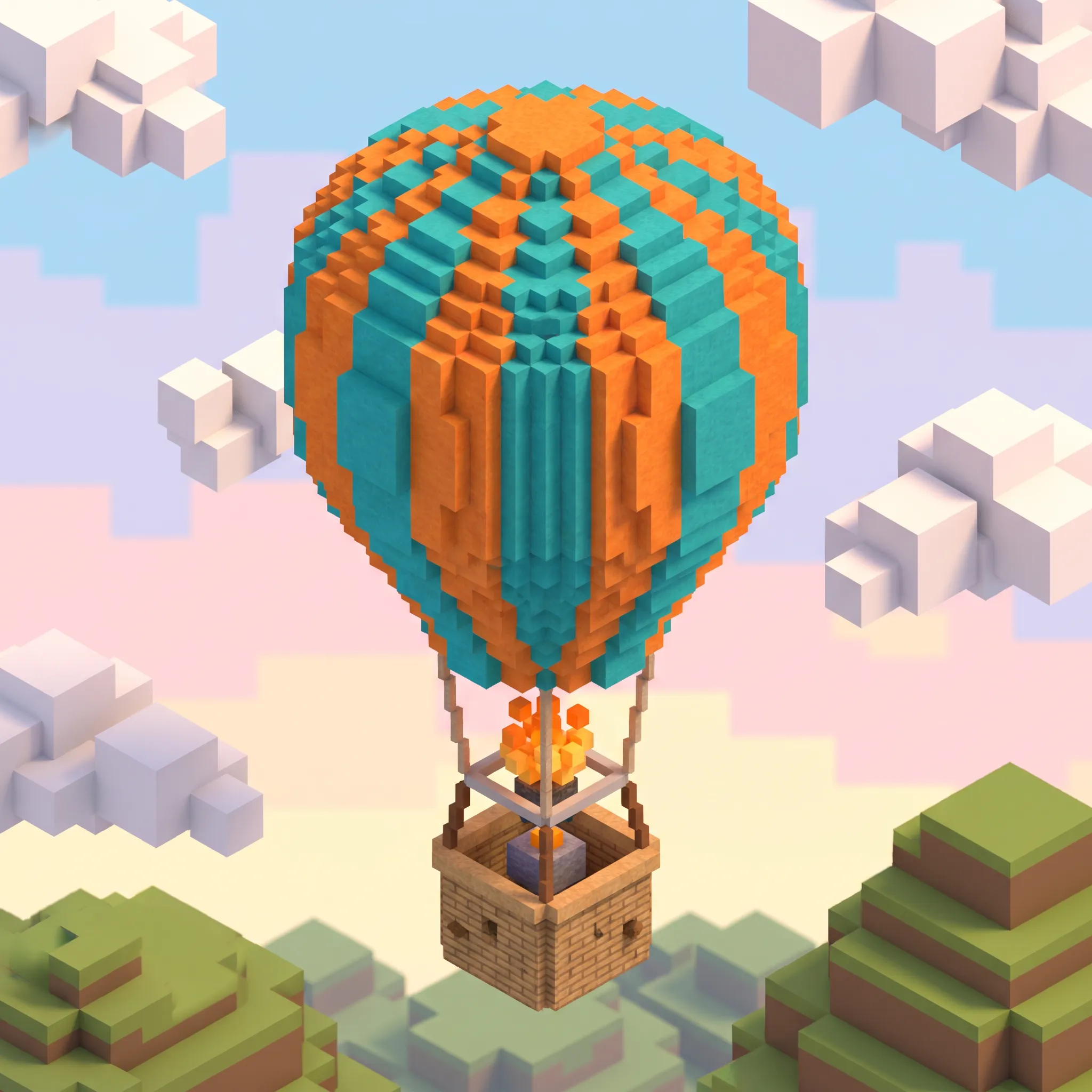 Hot air balloon built from small cubes above blocky hills, voxel 3D art style
