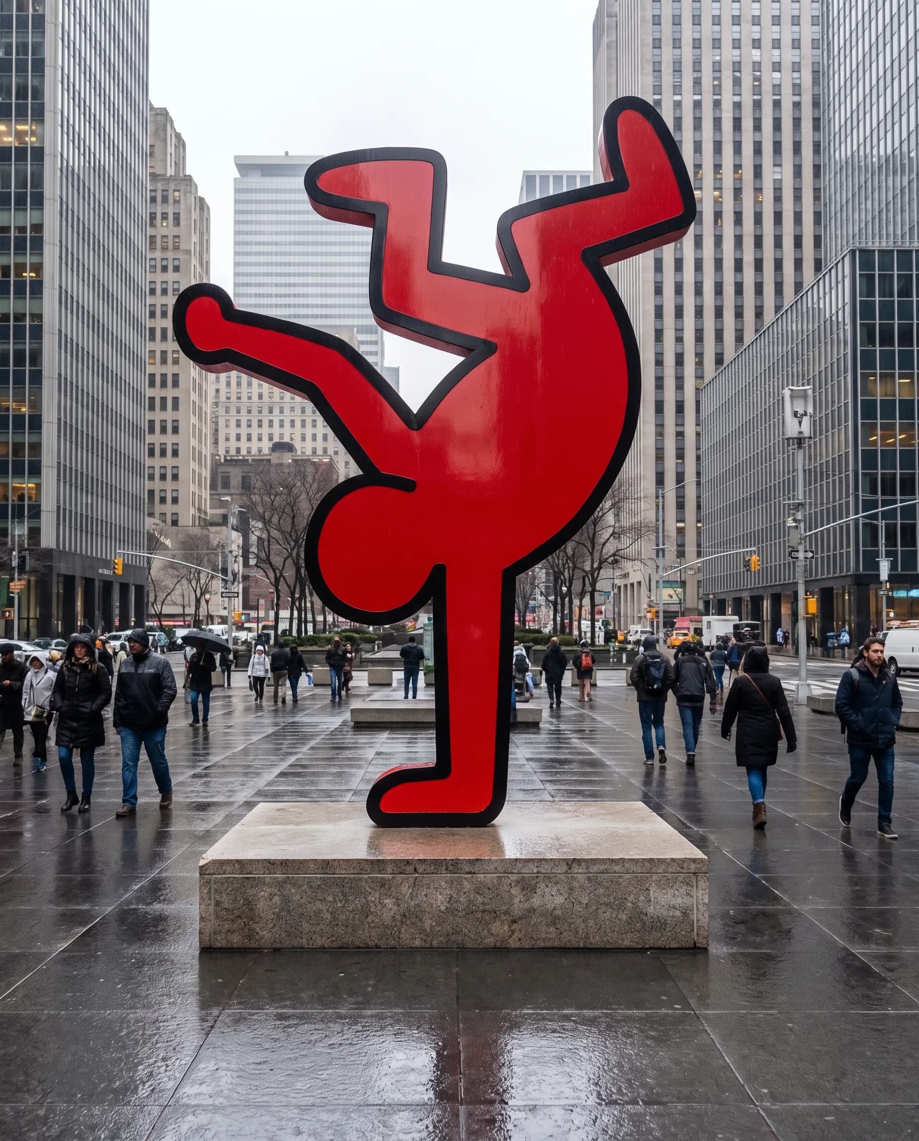 Red painted steel sculpture of a breakdancer in a city plaza, Keith Haring art style