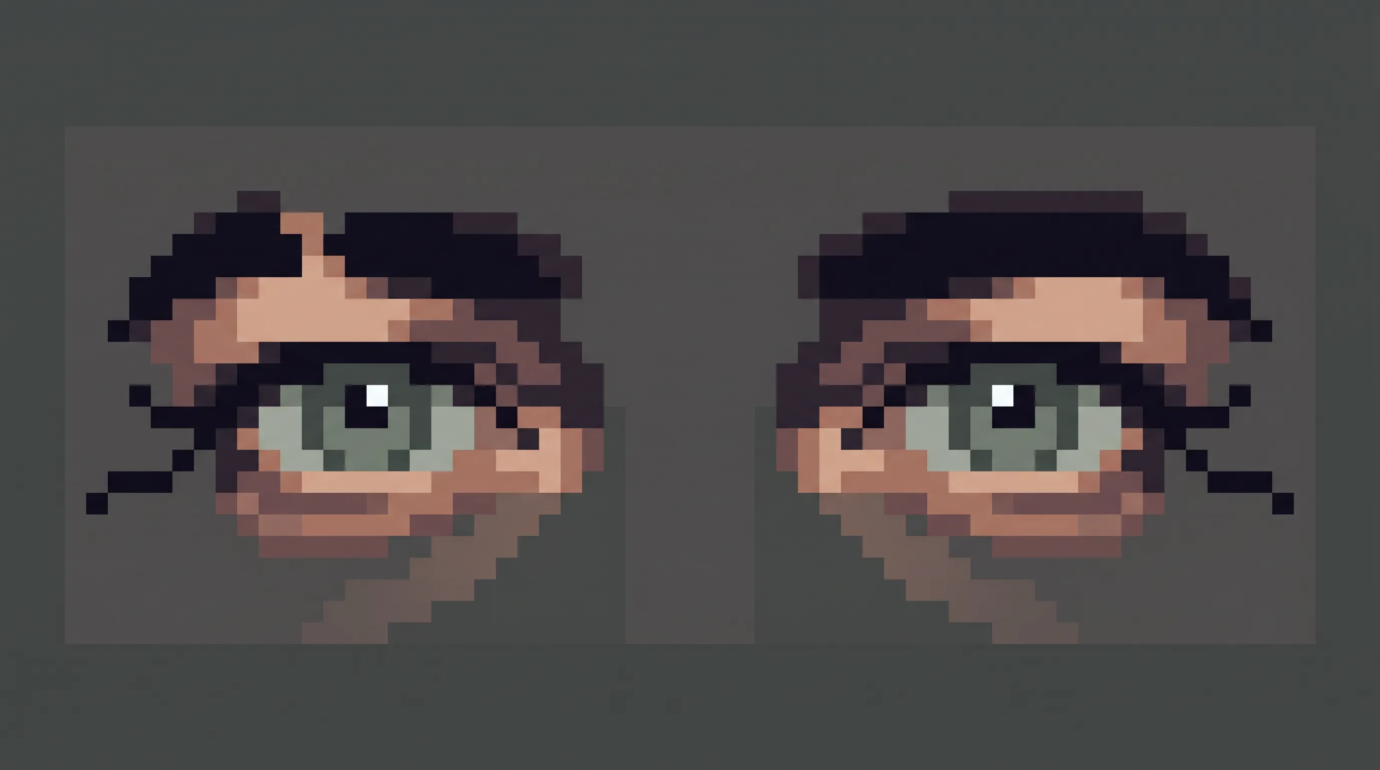 Eyes of a man in his forties on a small pixel grid, pixel art eye style