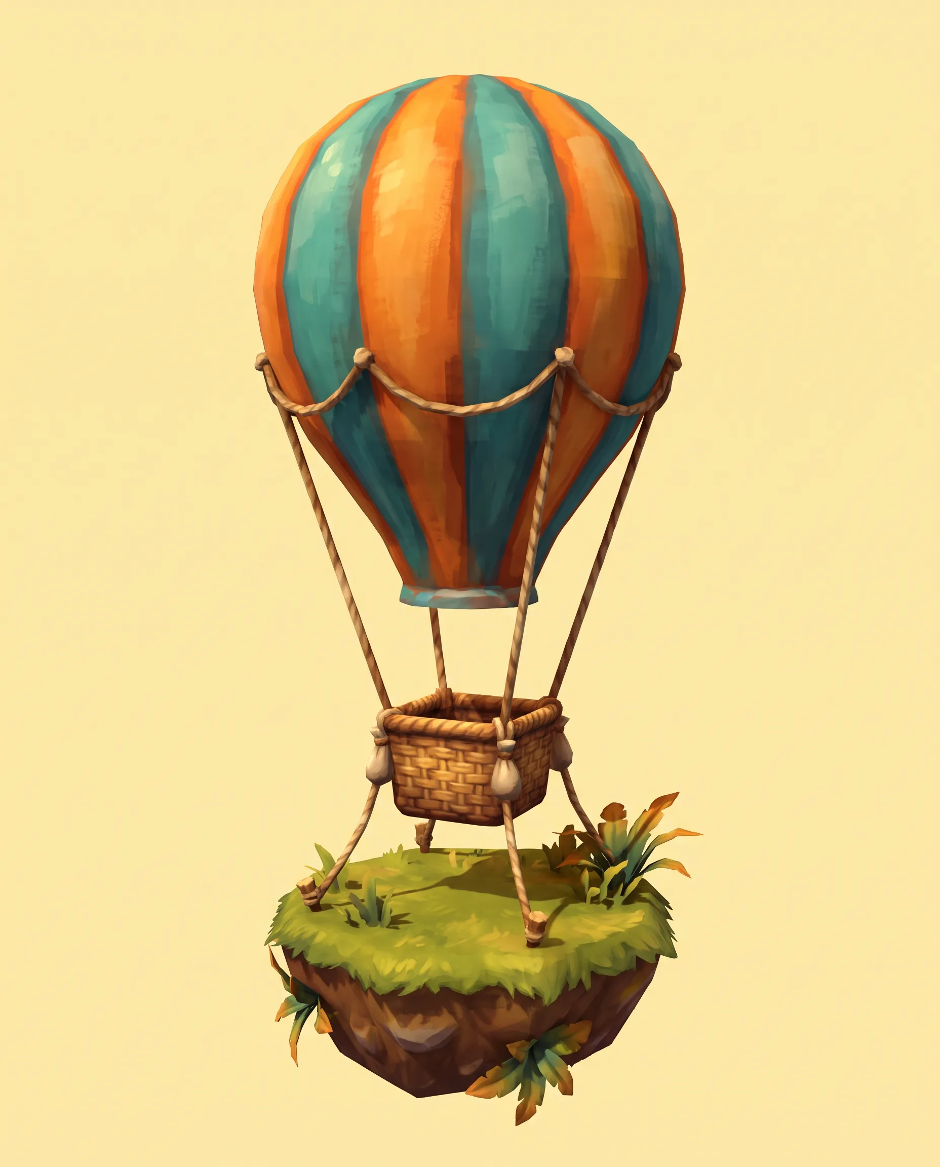 Hot air balloon tethered to a floating grass island with painted-in shading, hand-painted 3D art style