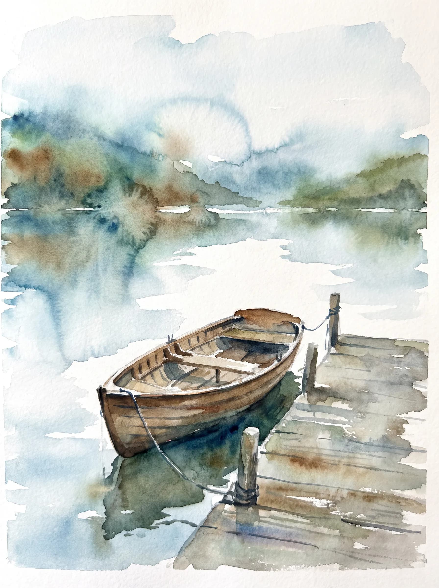 Rowboat at a lakeside dock in a transparent watercolor painting
