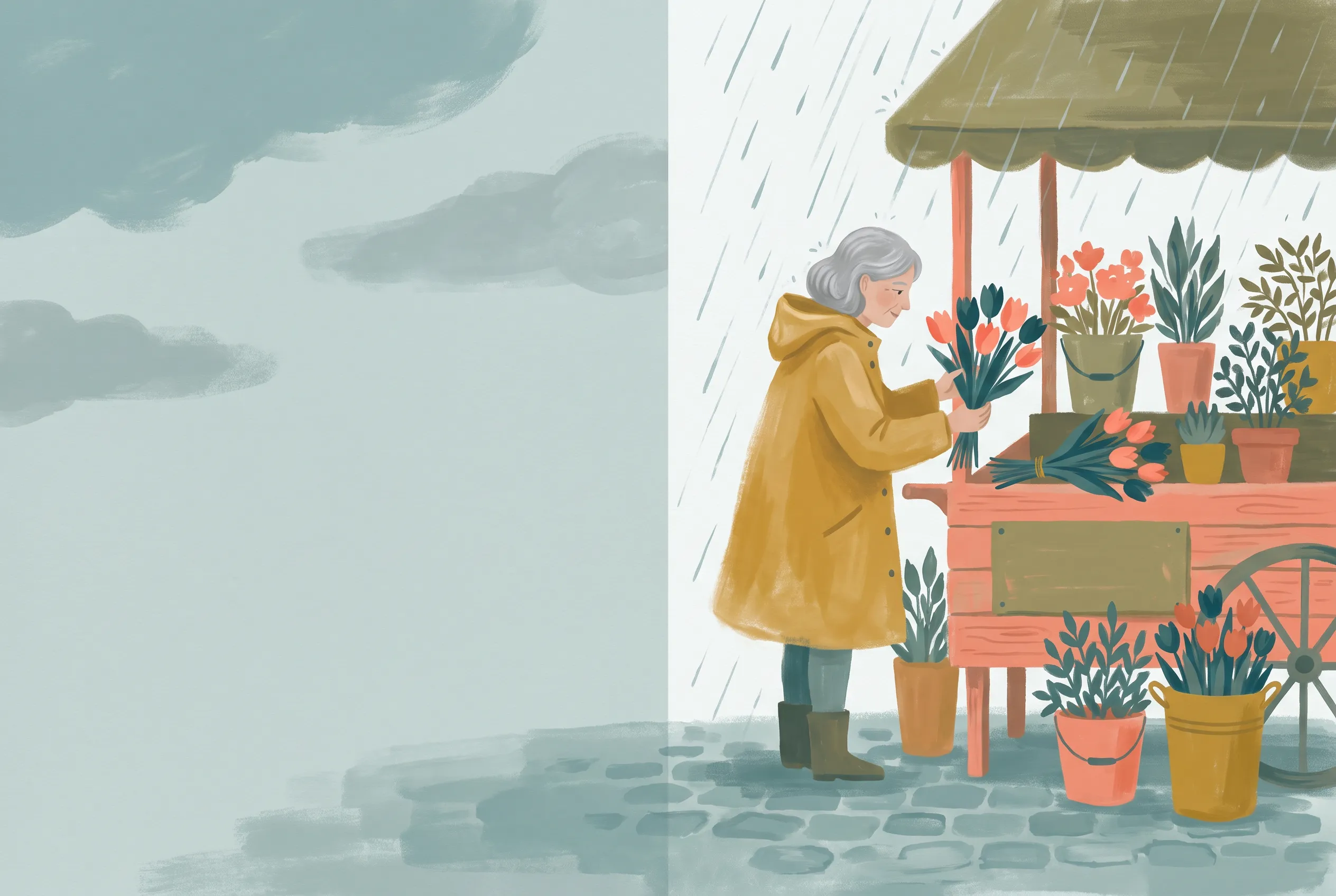 Gouache magazine spread of a flower seller at a tulip cart in the rain, illustrative art style