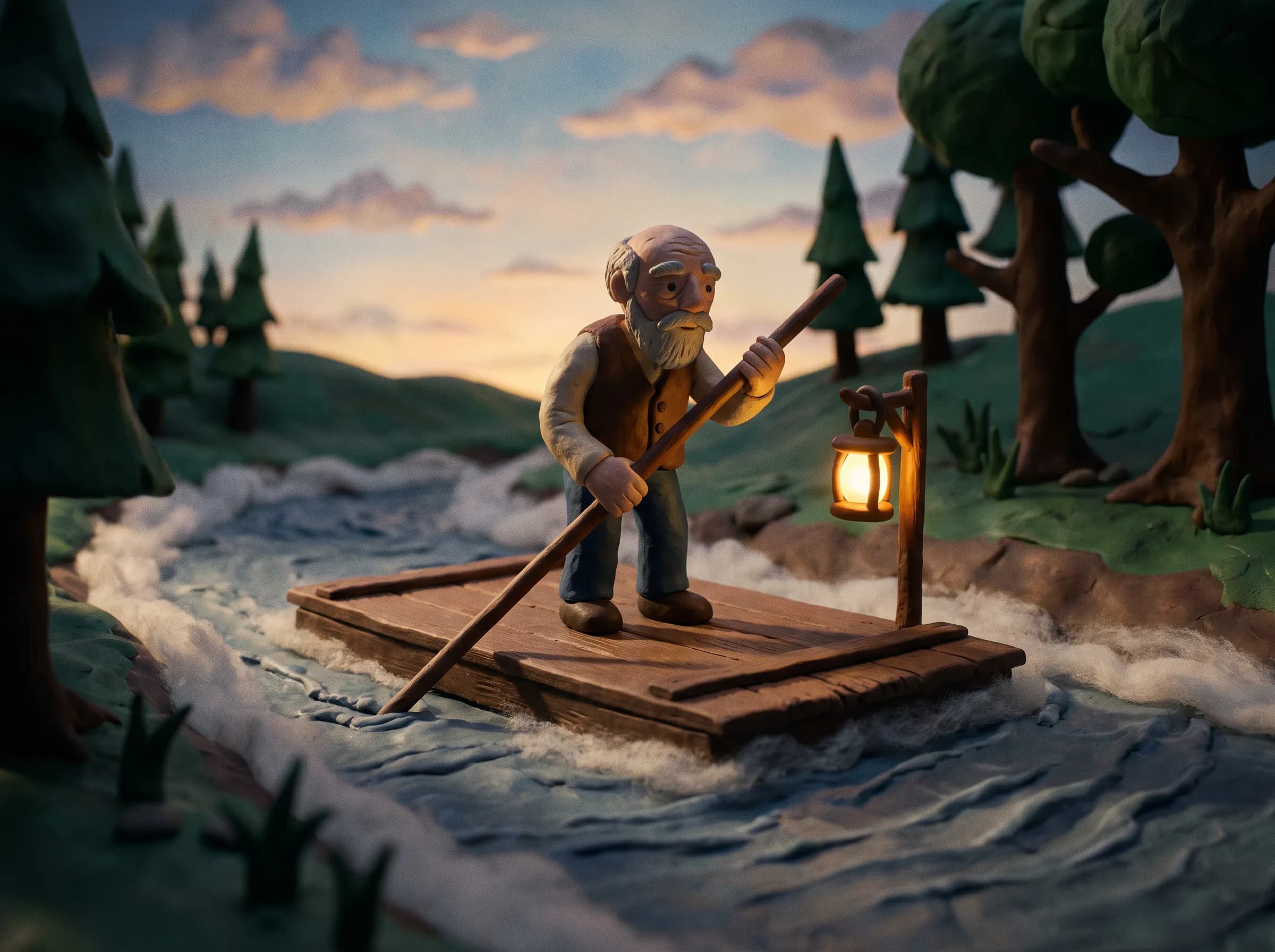 Elderly ferryman poling a raft across a cotton-wool mist, clay stop-motion game art