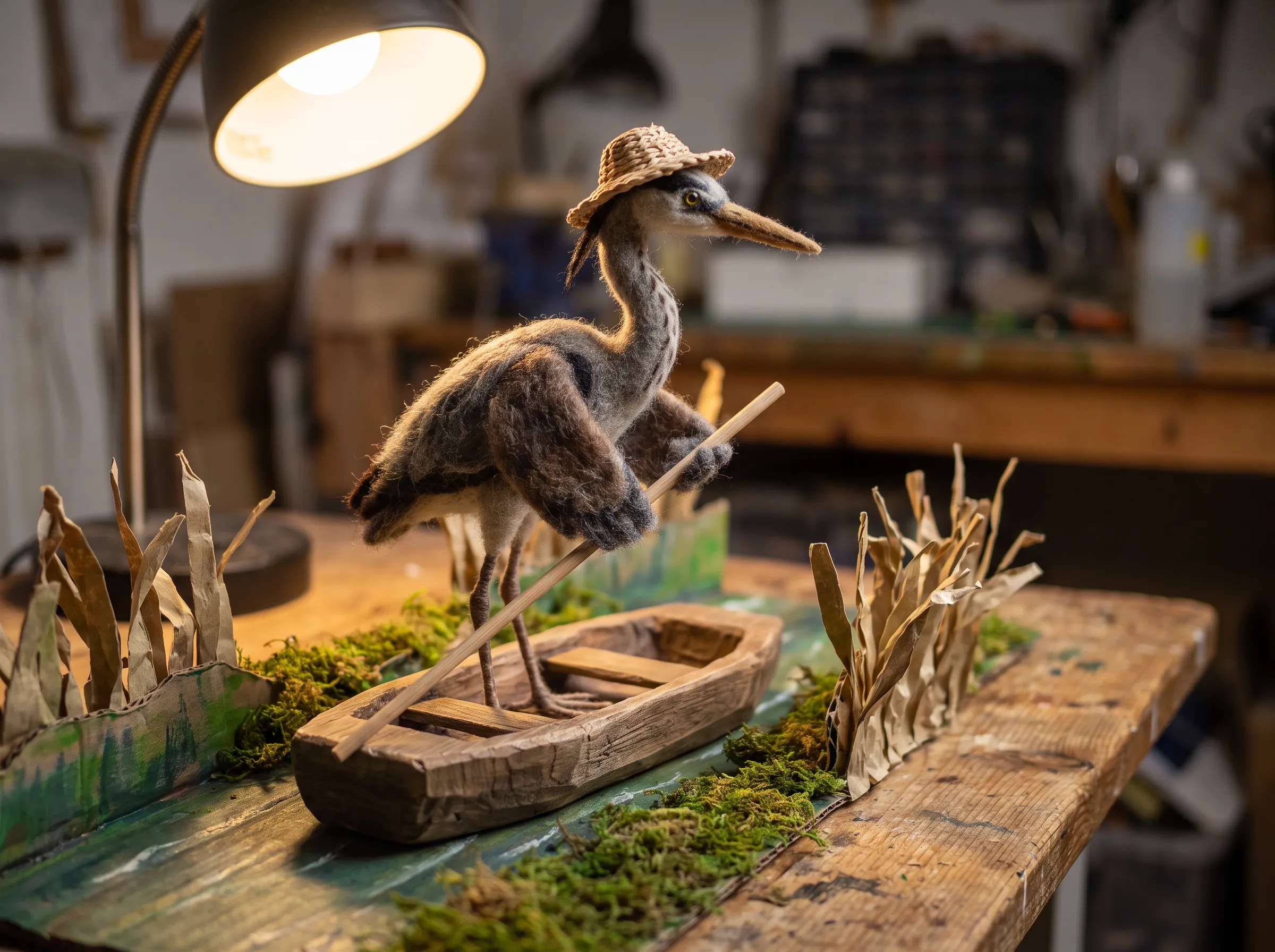 Needle-felted heron ferryman puppet on a miniature river set, stop-motion animated art style