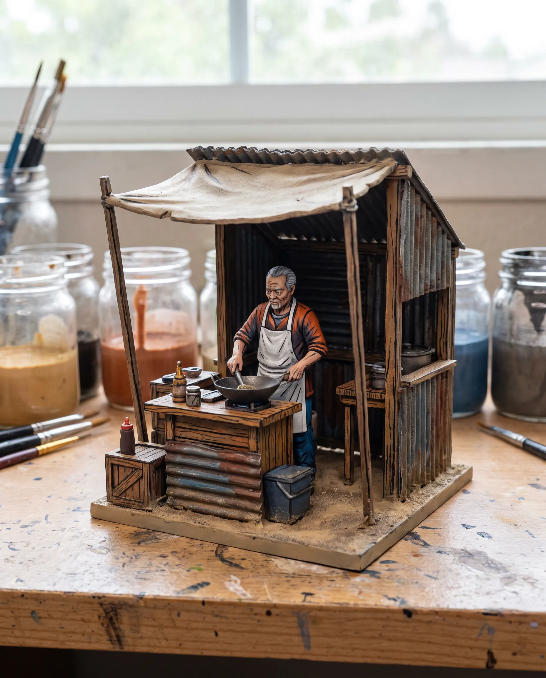 Painted resin miniature of a gray-haired noodle cook at his desert stand, Borderlands art style