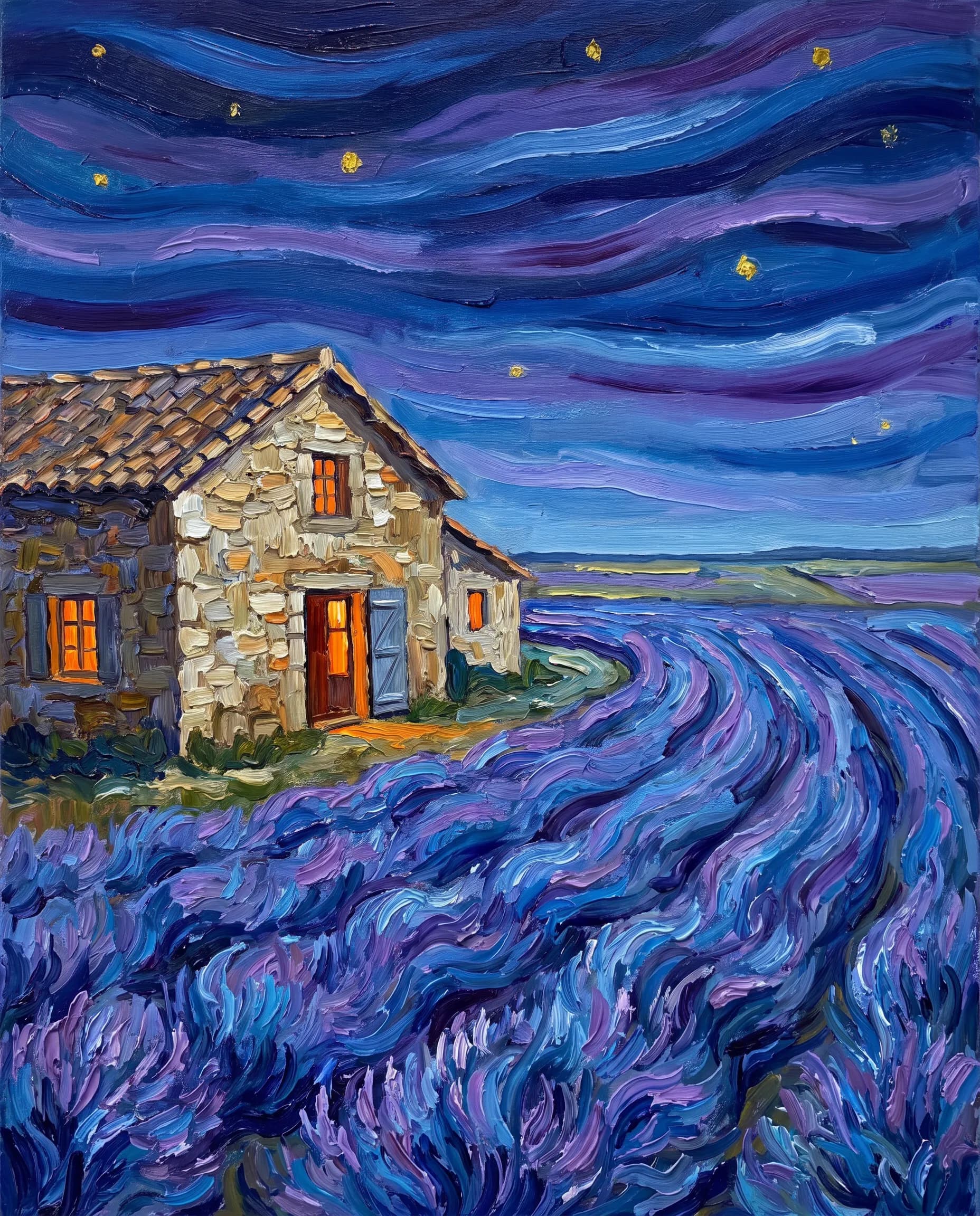 Farmhouse with orange-lit windows beside a lavender field at night, Van Gogh art style