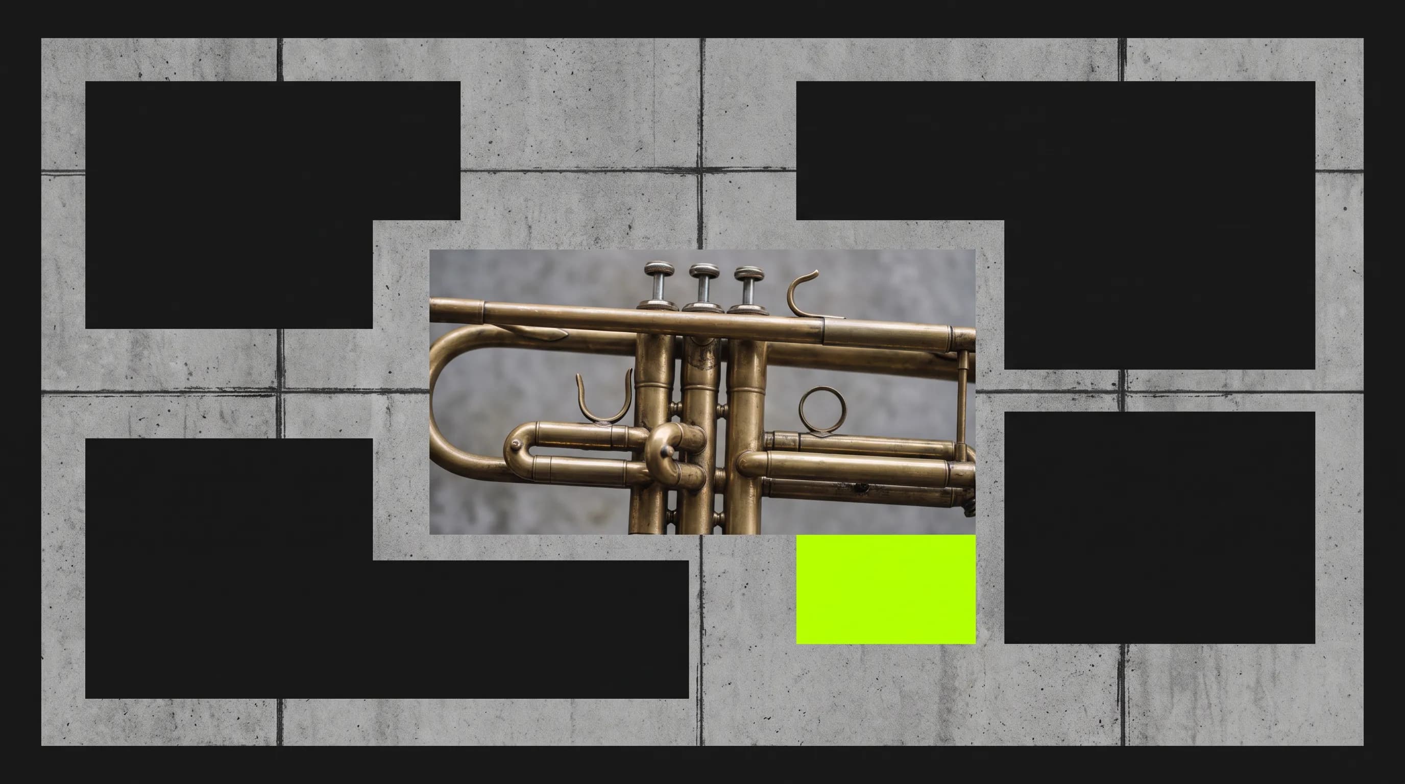 Trumpet photo boxed in heavy black borders beside raw gray panels, brutalist web design style