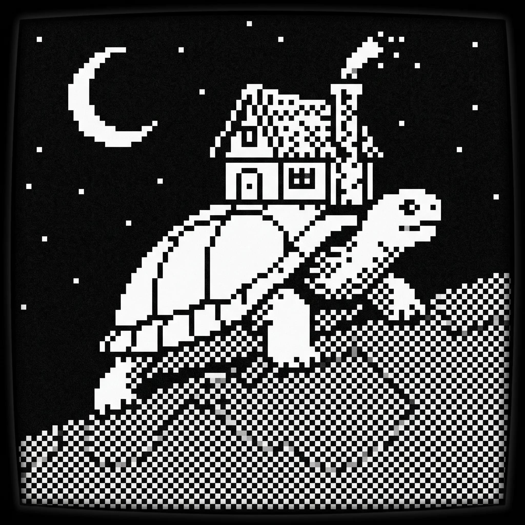 Giant tortoise carrying a moss-roofed cottage on a moonlit hill, 1-bit pixel art