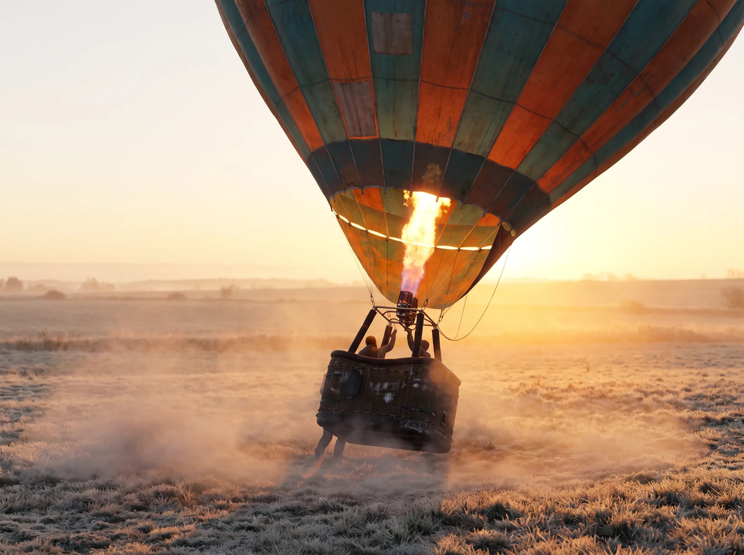 Hot air balloon lifting off a frosty field at dawn, photoreal 3D art style