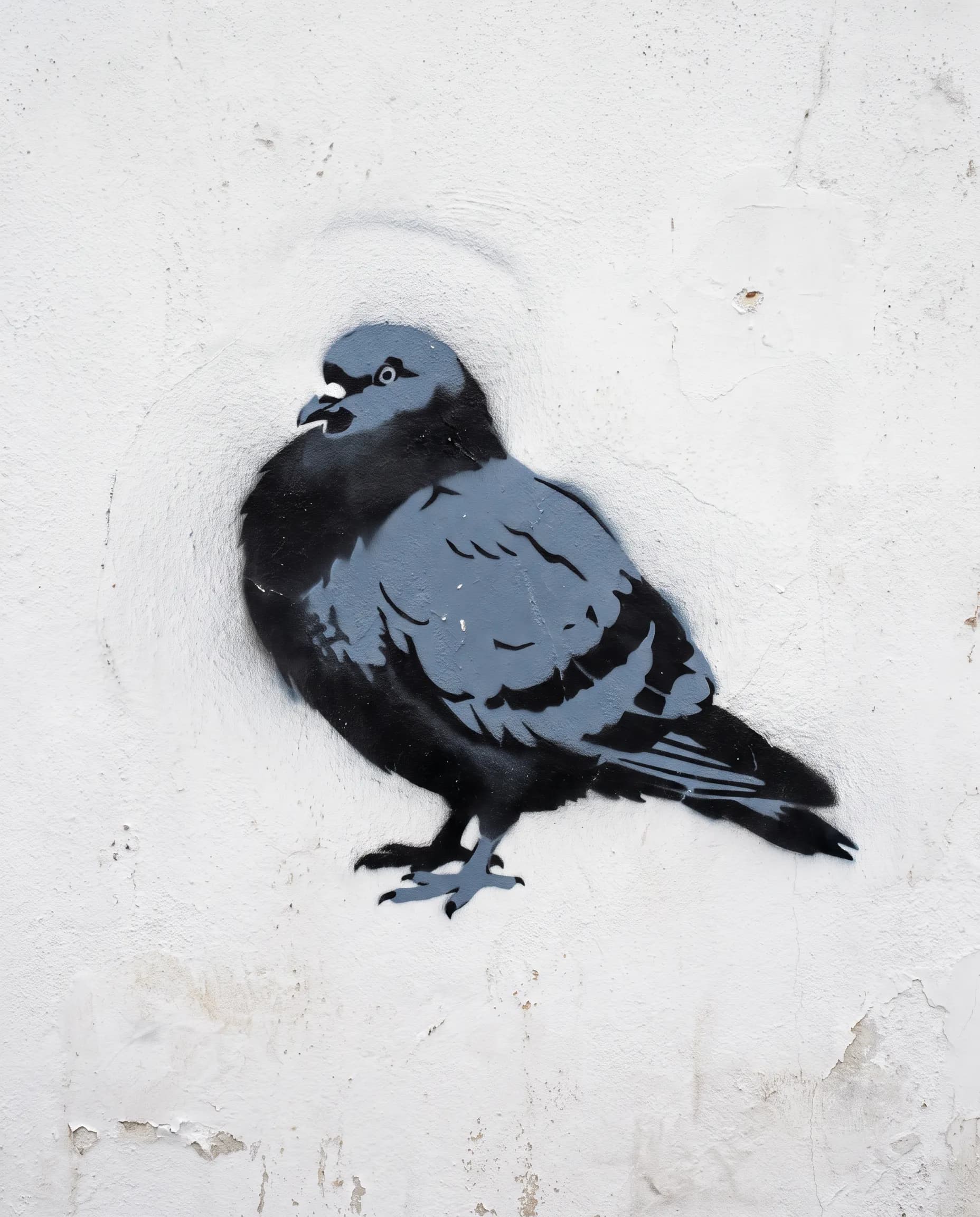 Plump city pigeon as a two-layer spray-paint stencil on a white plaster wall, stencil graffiti style