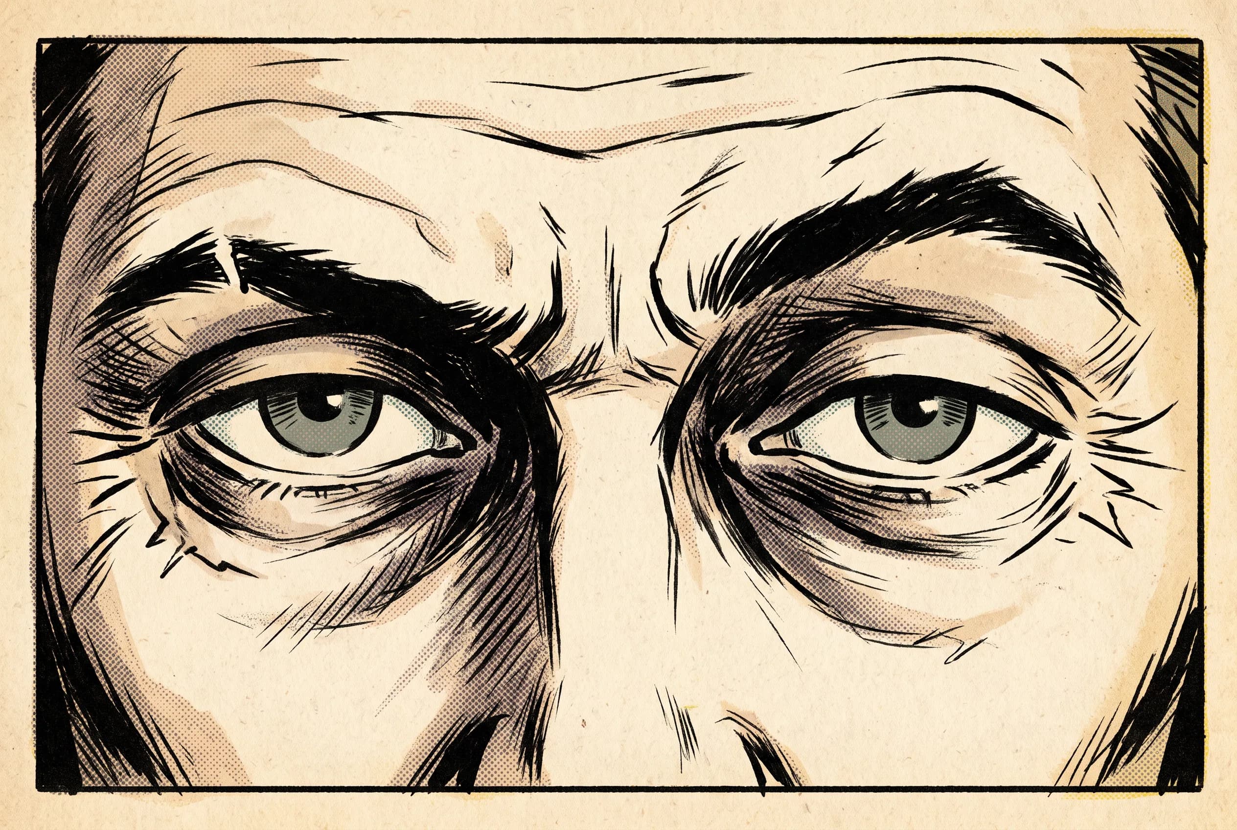 Narrowed eyes of a man in his forties with brush inks and halftone, comic book eye art style