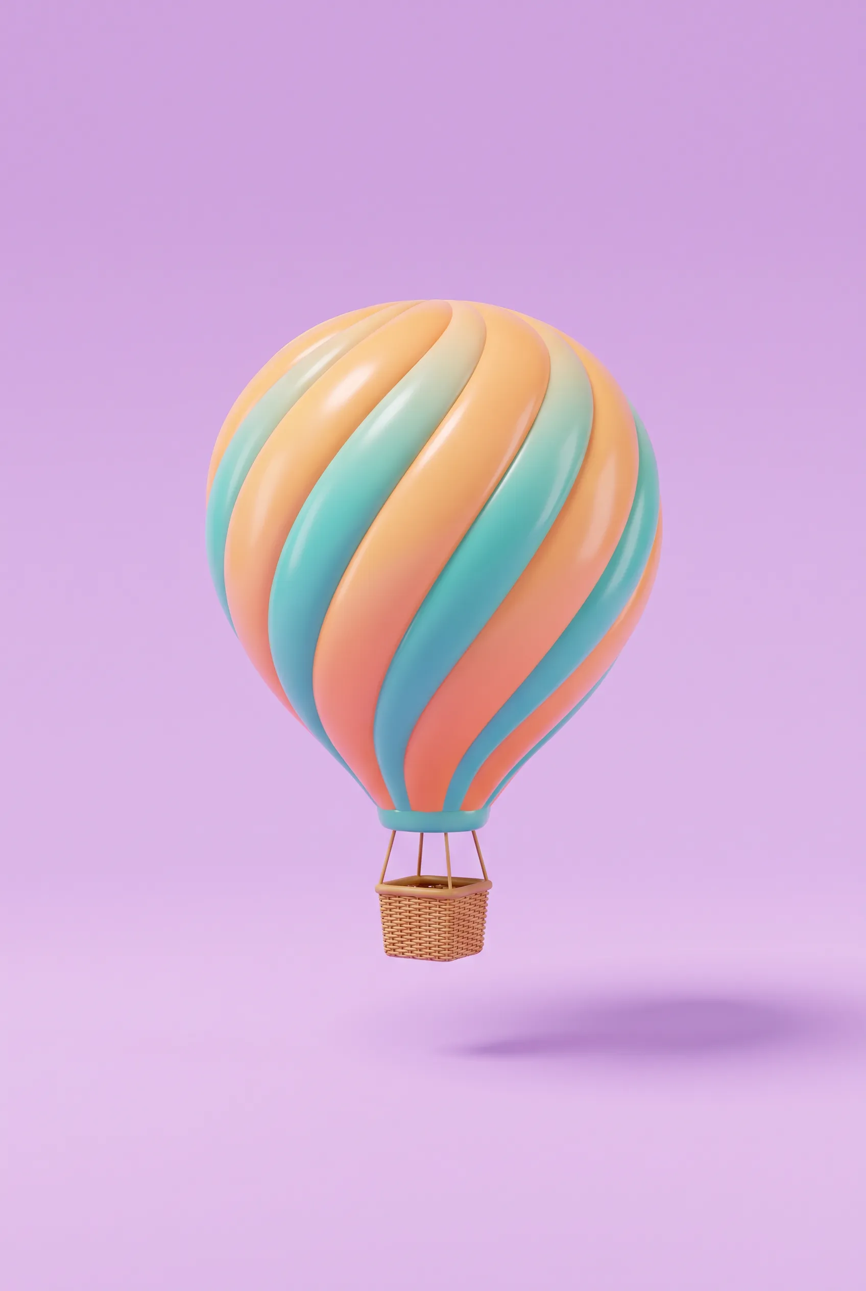 Rounded toy-like hot air balloon over a lilac backdrop, glossy pastel 3D art style