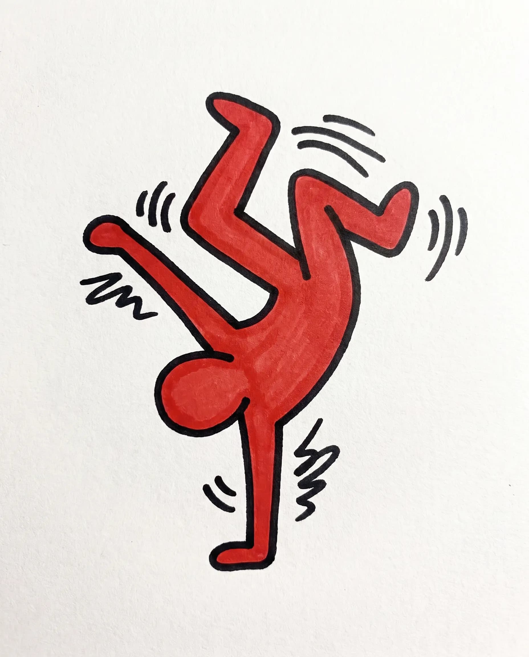 Felt-tip marker drawing of an original breakdancer with a flat red fill, Keith Haring art style