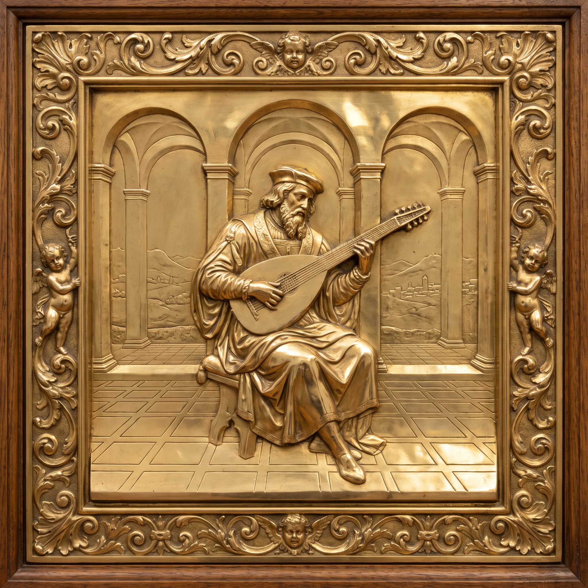 Gilded bronze relief of a bearded lute player in an arcade, renaissance art style