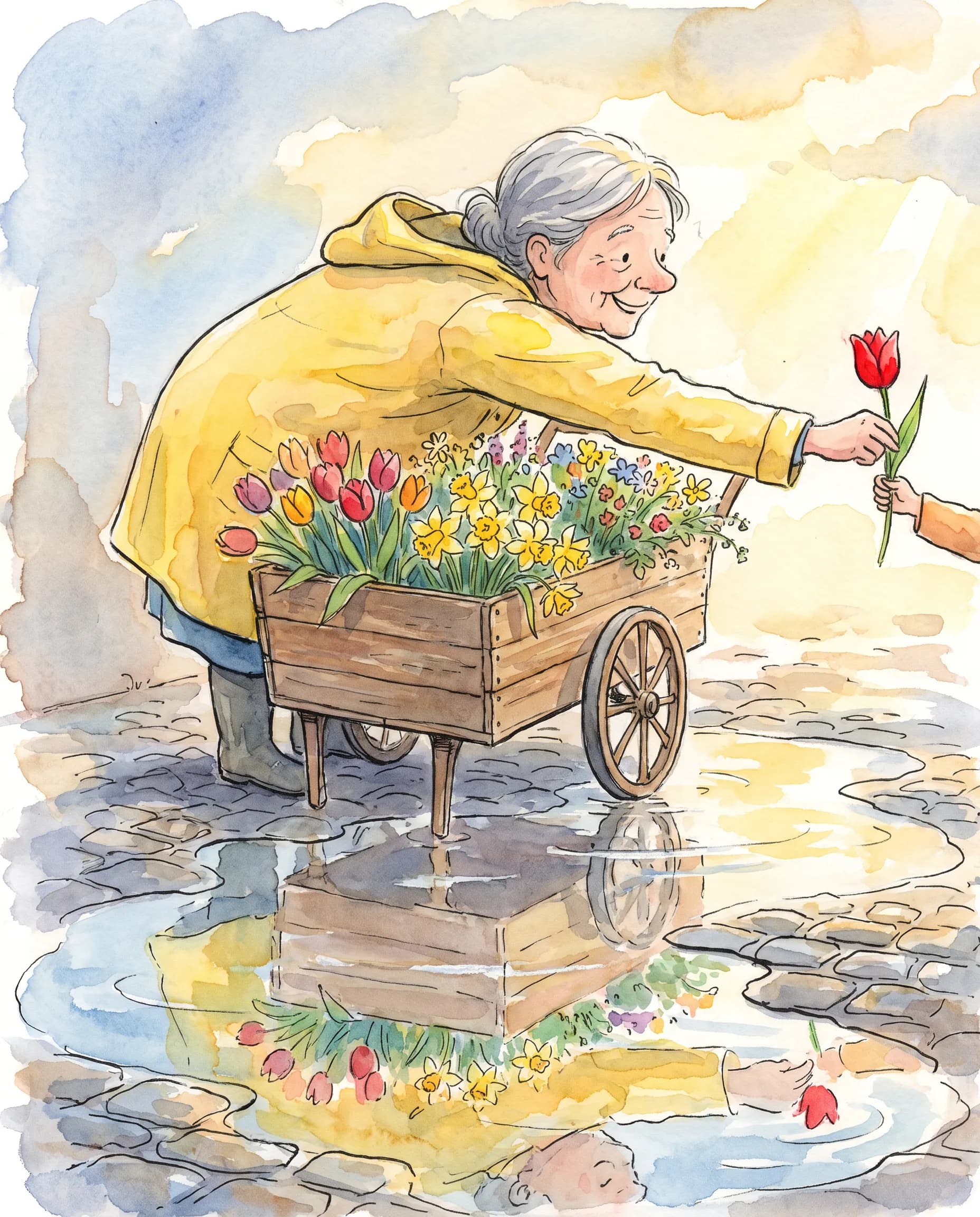 Watercolor and ink picture book page of a flower seller handing over a red tulip, illustrative art style