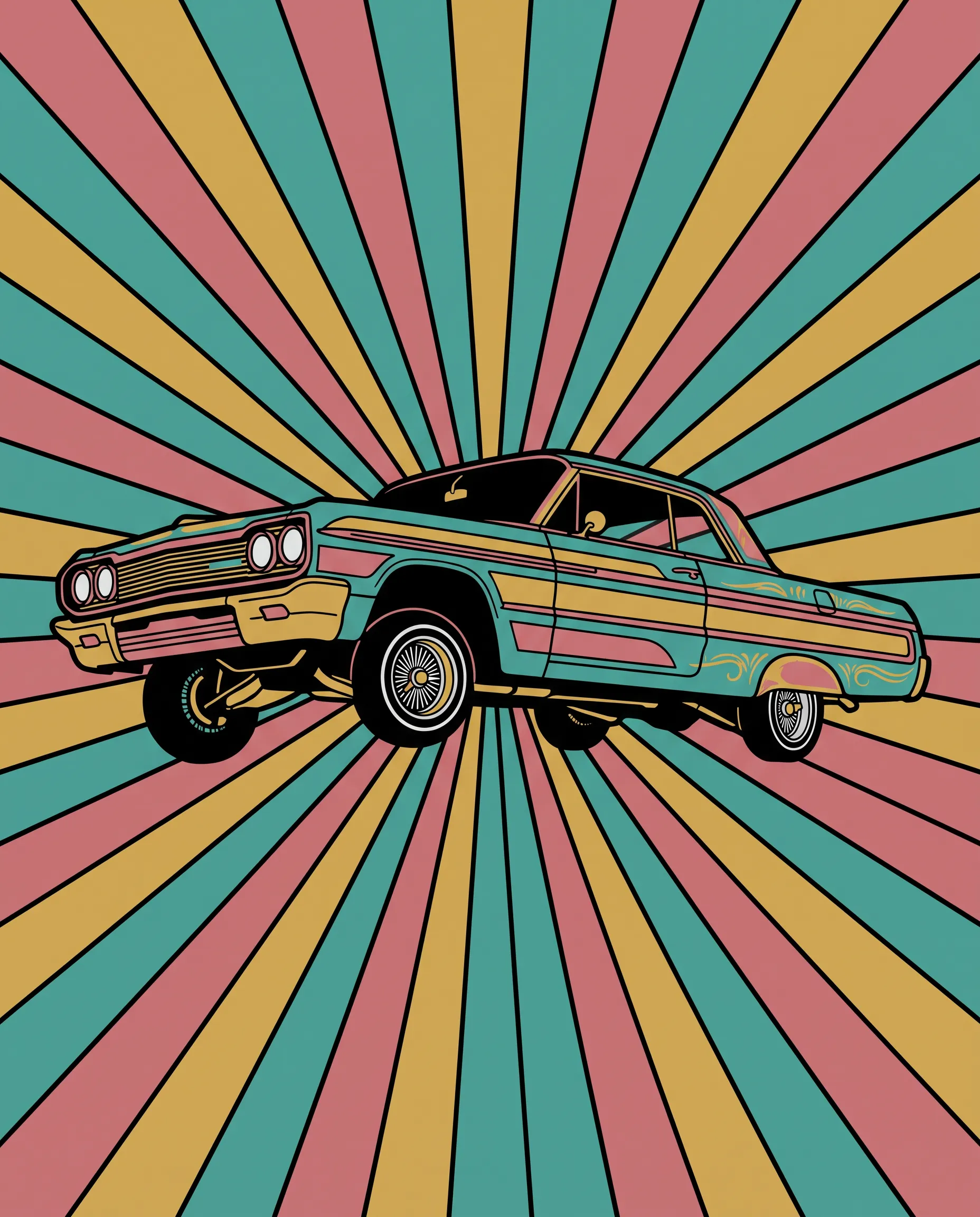 Flat digital illustration of a lowrider sedan with one wheel lifted, Chicano art style