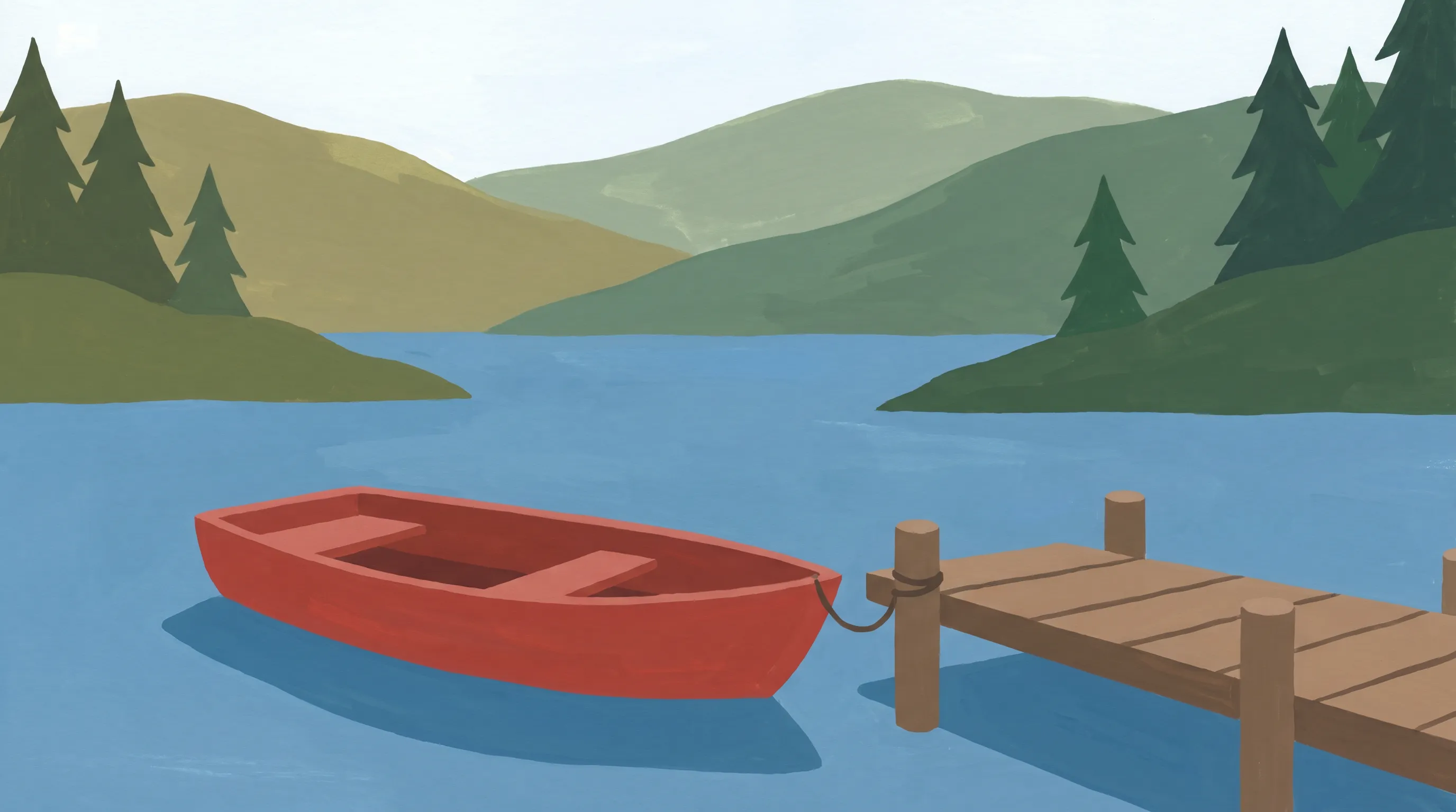 Red rowboat at a lake jetty in an opaque gouache painting