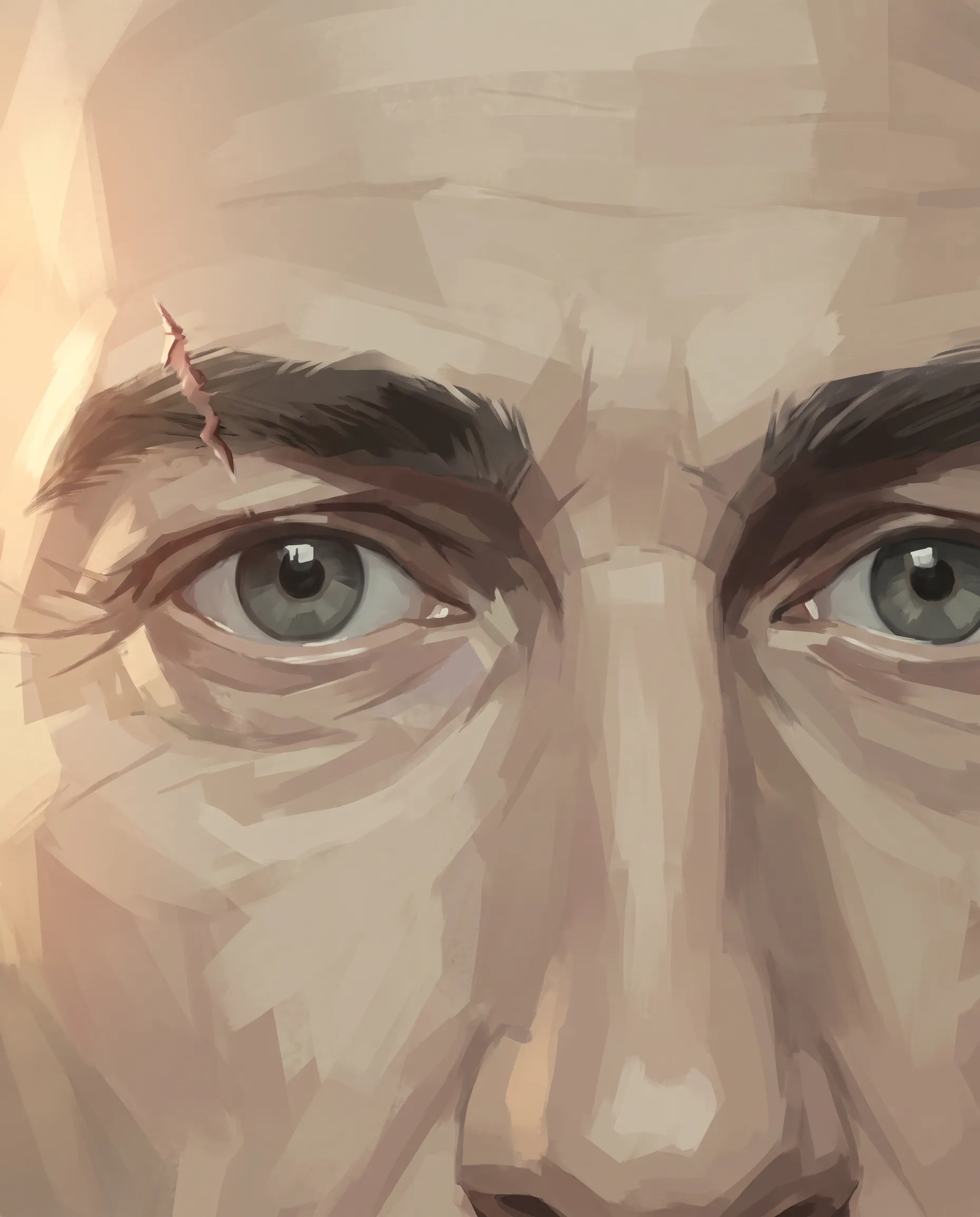 Painted eyes of a man in his forties with warm side light, semi-realistic eye art style