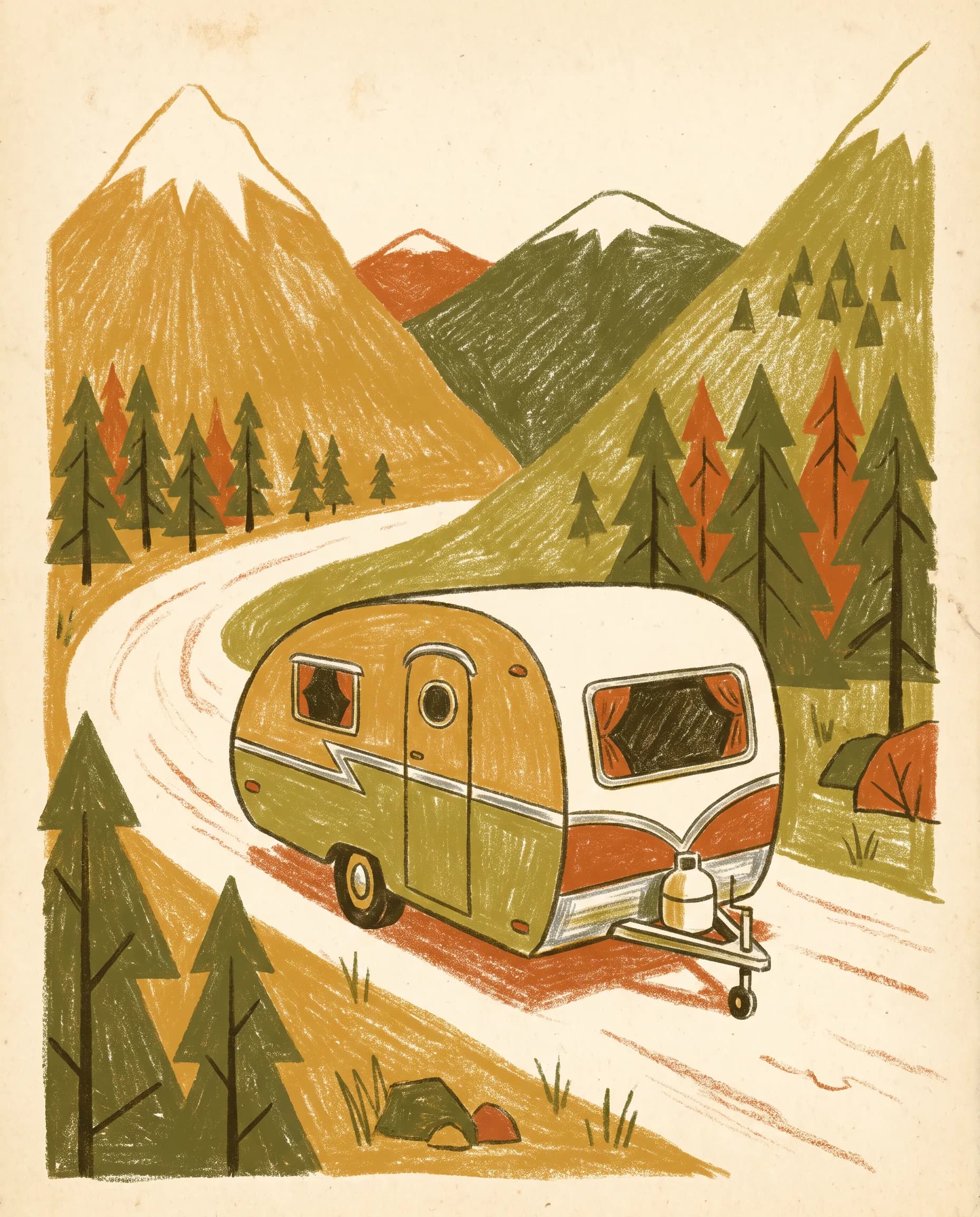 Storybook illustration of a teardrop camper trailer on a winding mountain road, retro art style
