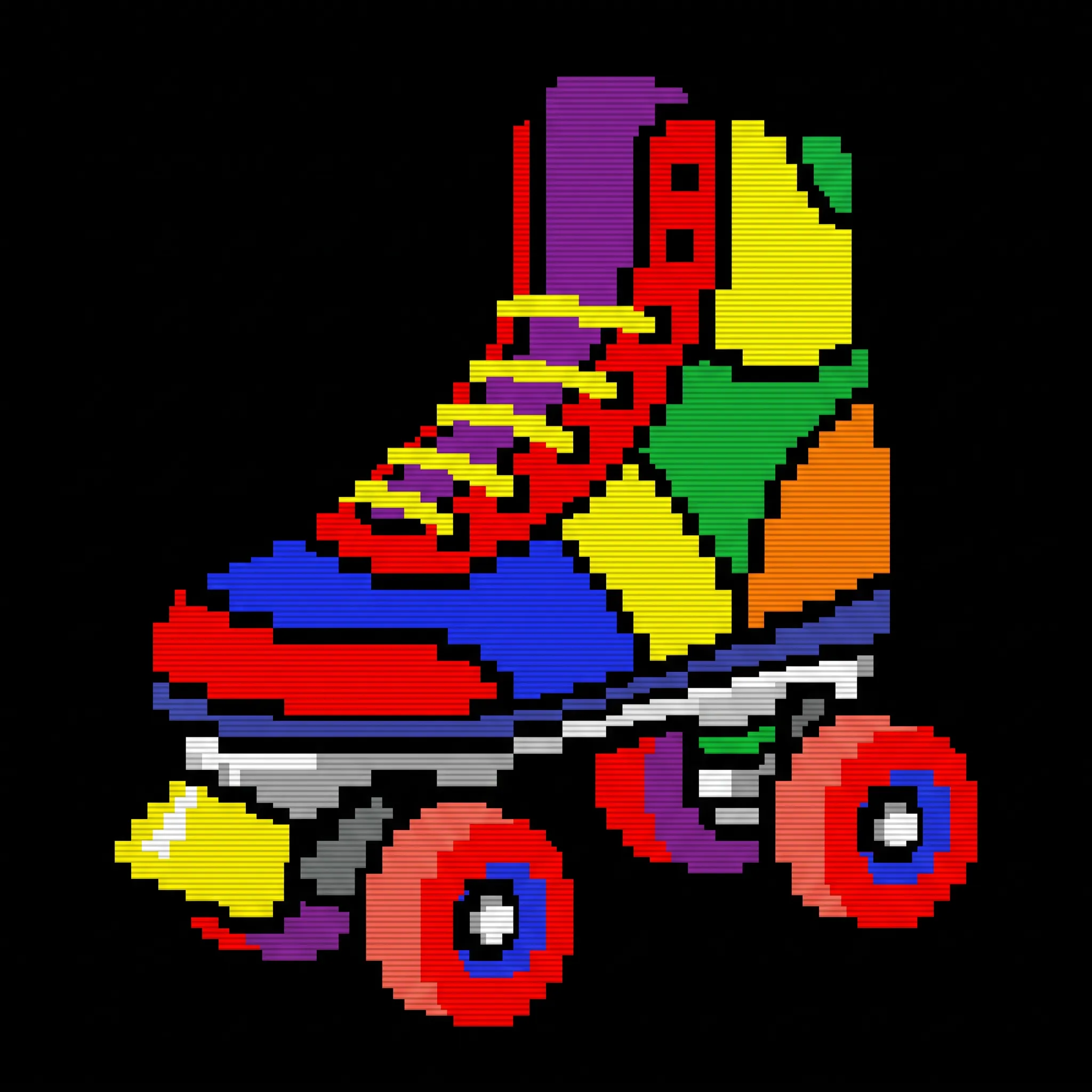 8-bit pixel art of a high-top roller skate on black, 80s art style