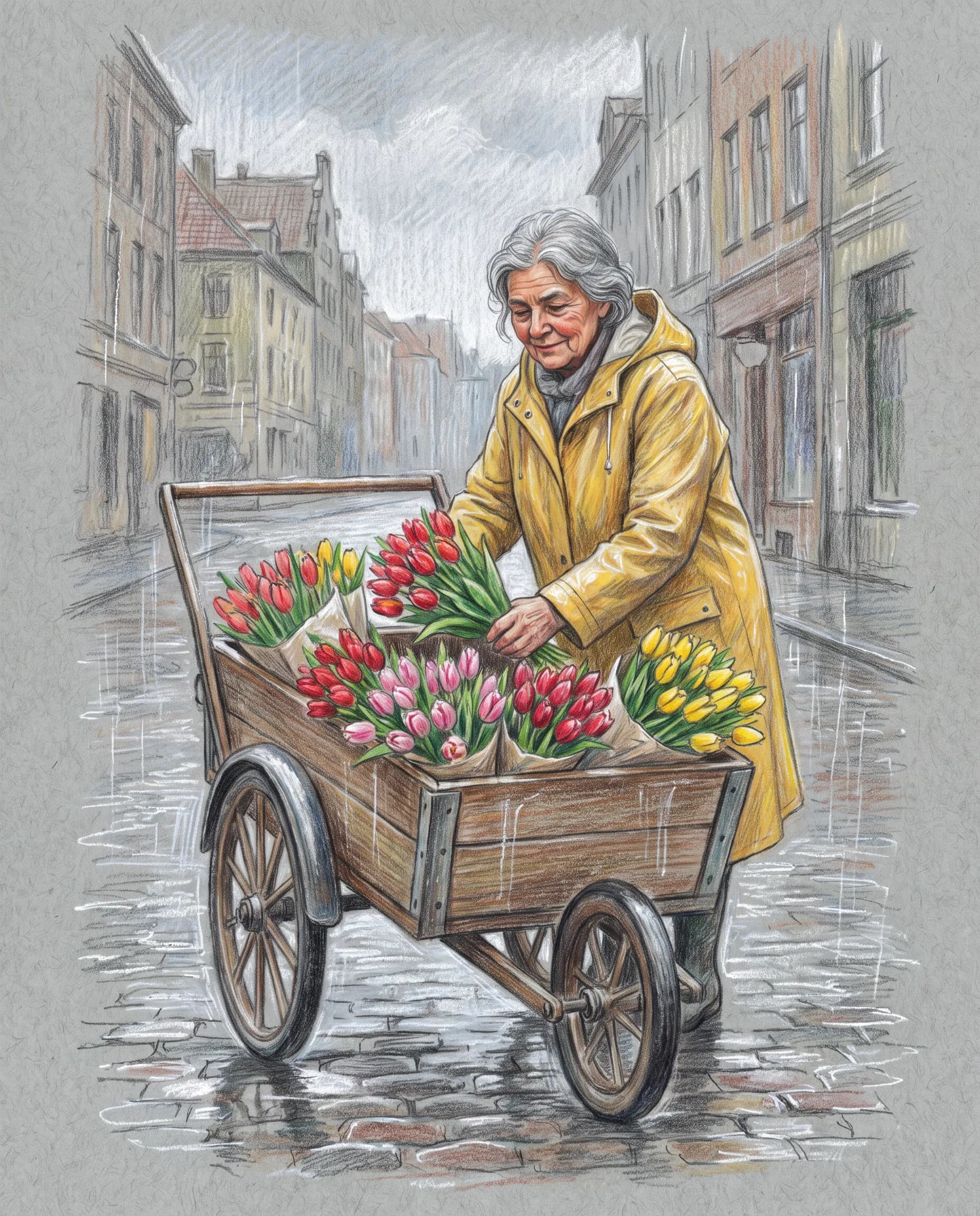 Colored pencil drawing on toned paper of a flower seller at a tulip cart, illustrative art style