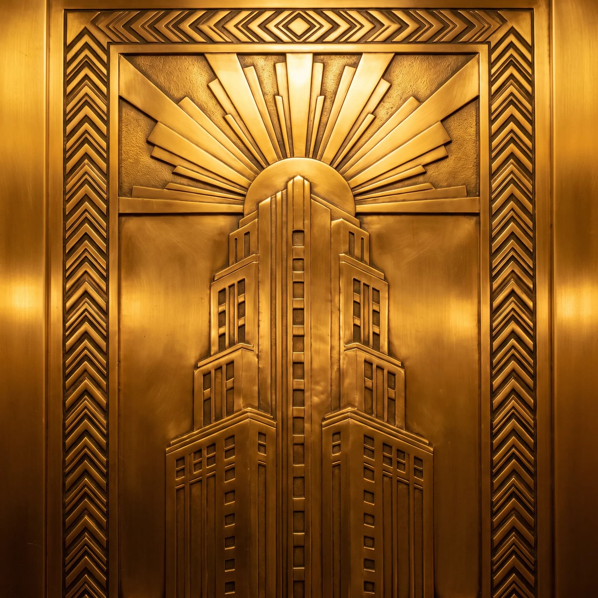 Gilded bronze relief panel of a 1930s hotel tower in art deco style