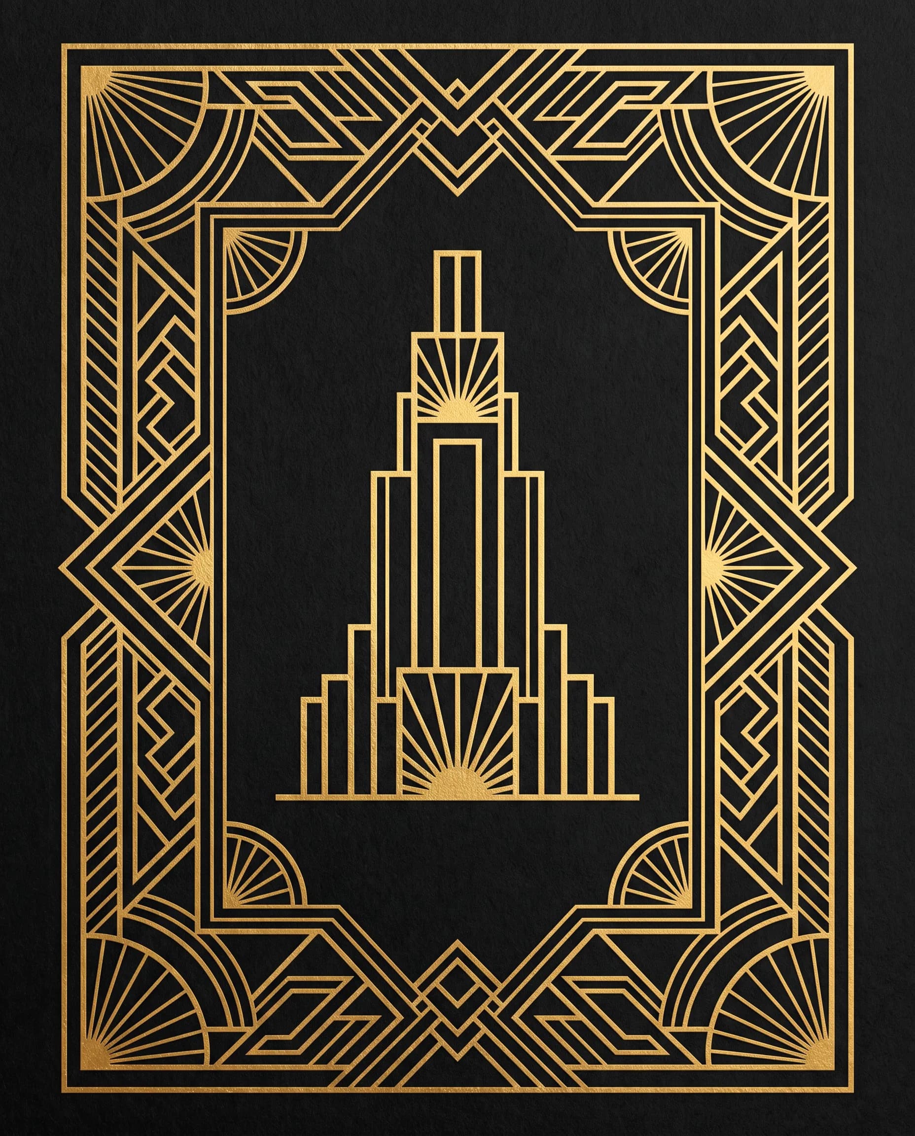 Art deco cocktail menu cover with a stepped tower emblem in gold on black