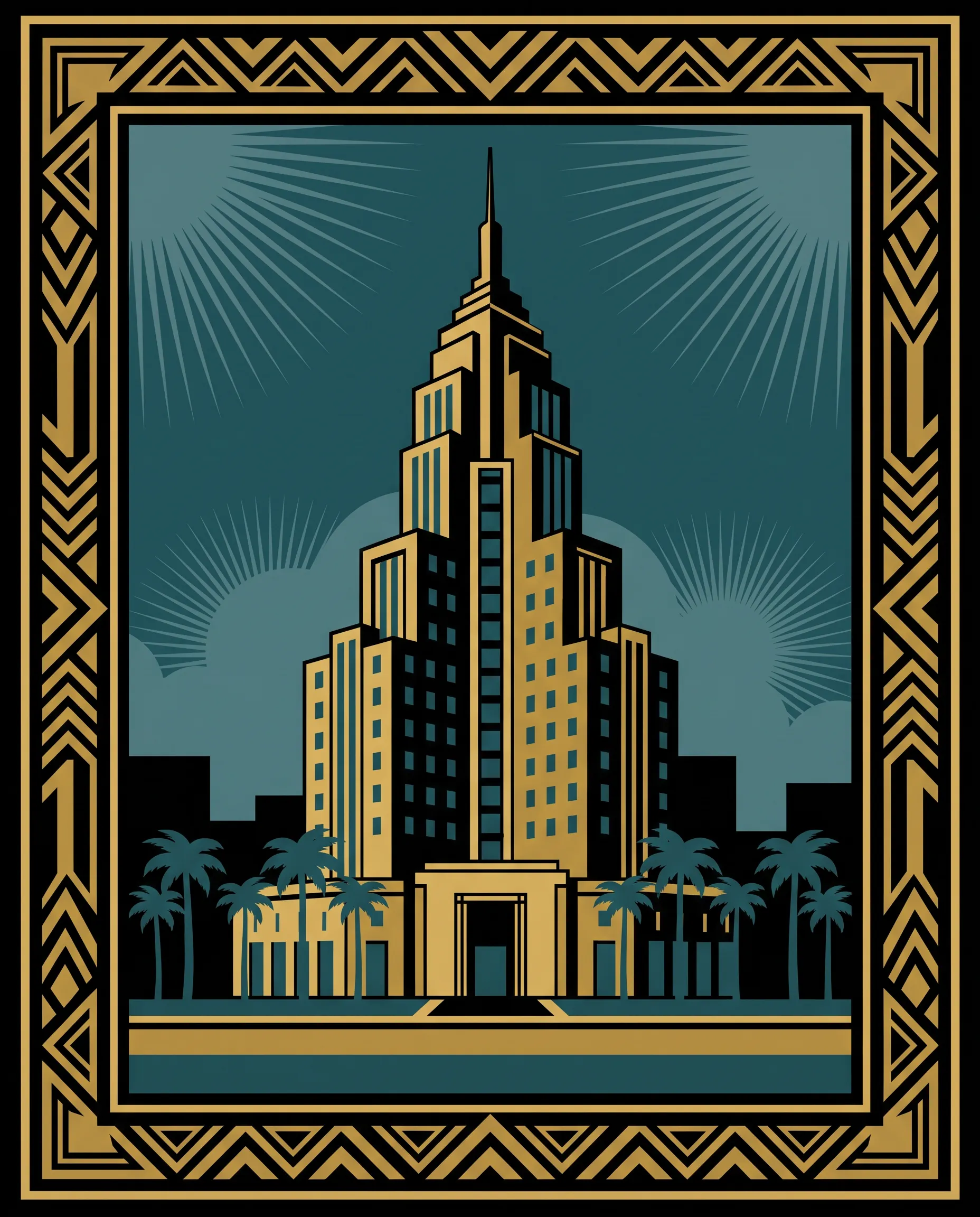 Art deco travel poster of a stepped 1930s hotel tower at dusk