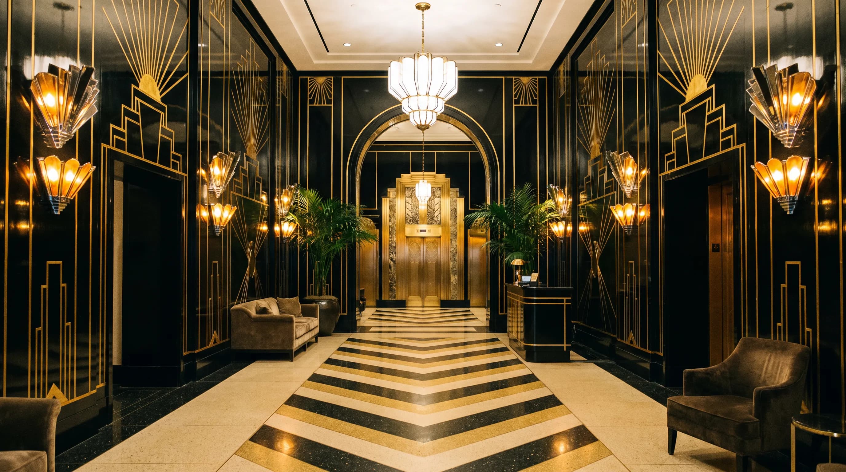 Art deco hotel lobby with black lacquer walls and chevron terrazzo floor