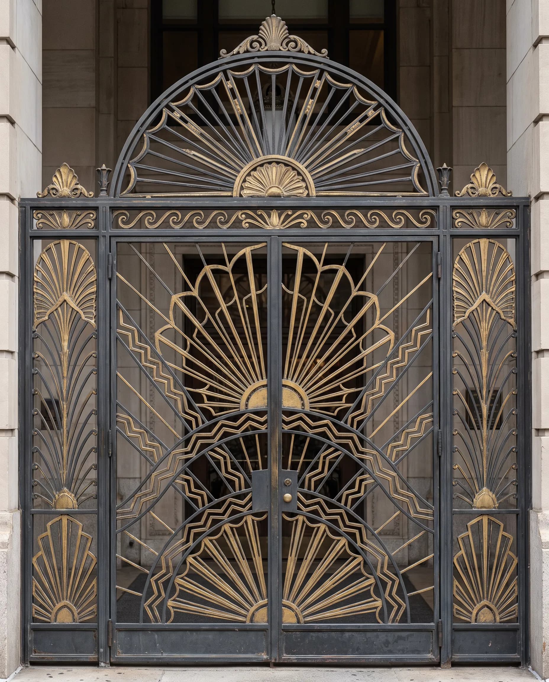 Wrought iron art deco entrance gate with fan and zigzag motifs