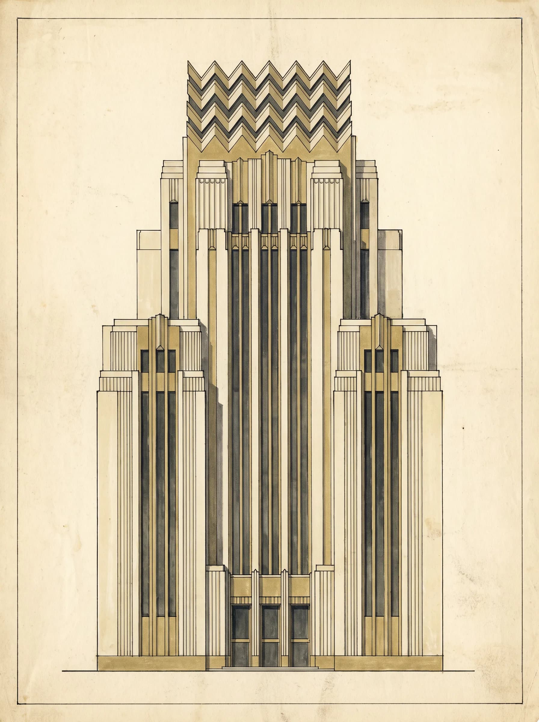 Art deco architectural elevation drawing of a stepped hotel tower