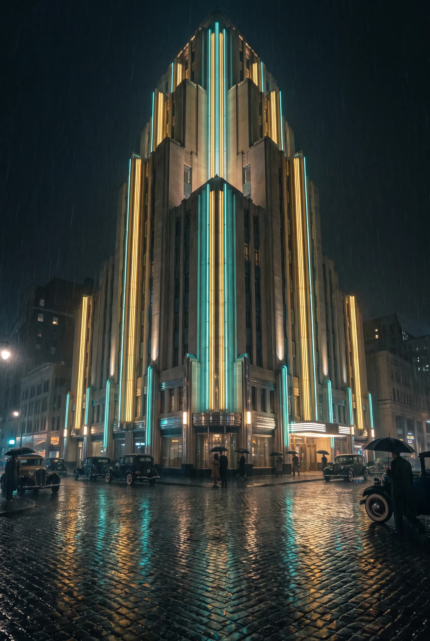 1930s hotel tower at night with chrome and neon fins, art deco style
