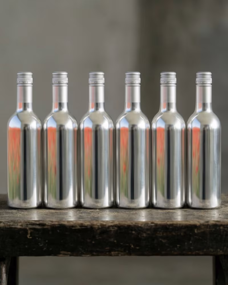 Six identical blank bottles in a row under one light