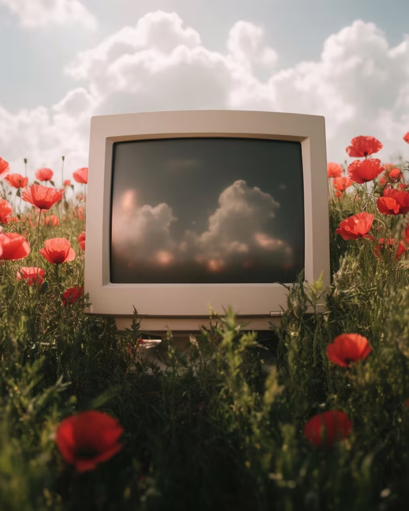 A vintage CRT monitor in a poppy field, clouds reflected in its blank screen