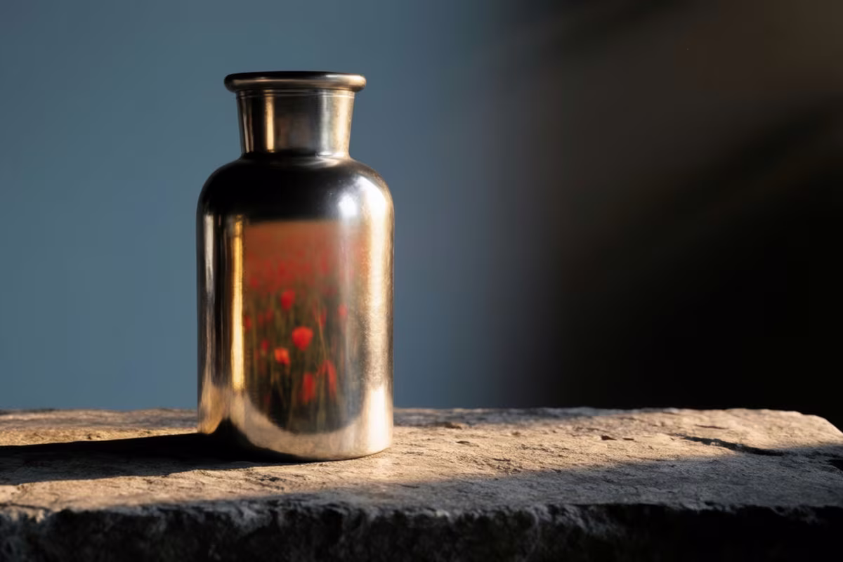A blank silver bottle on rough stone, a poppy field in its reflection