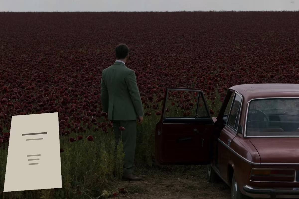 A film still of a sedan pulled over at a poppy field, a script title page in the corner