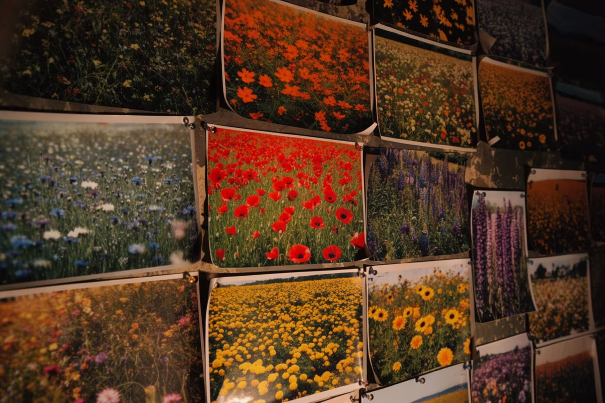 A studio wall pinned with prints of flower fields in different palettes