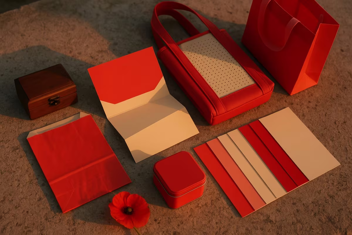 A brand system laid out as blank collateral in one palette, with a poppy